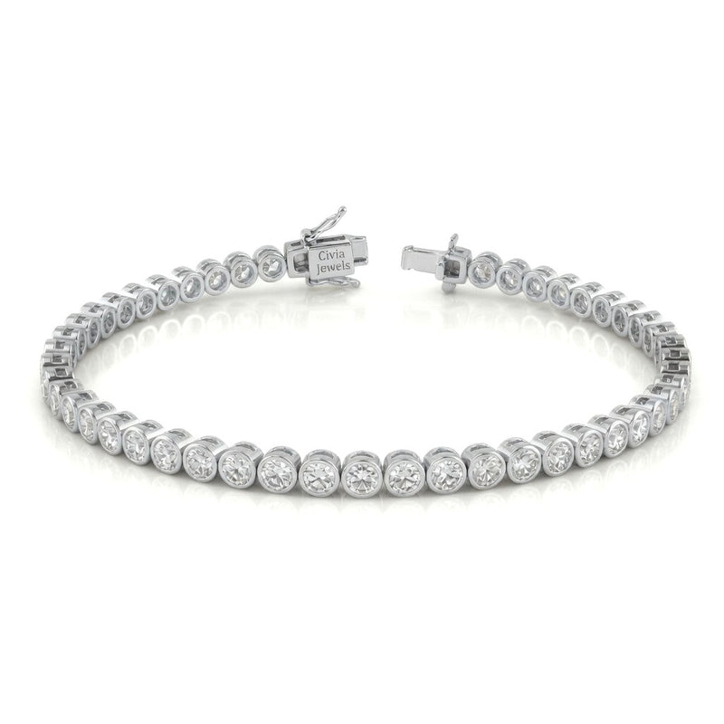 White Gold Velorique Diamond Tennis Bracelet With Bezel Set Round Link Design And Box Clasp Closure