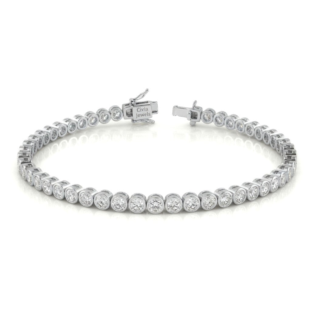 White Gold Velorique Diamond Tennis Bracelet With Bezel Set Round Link Design And Box Clasp Closure