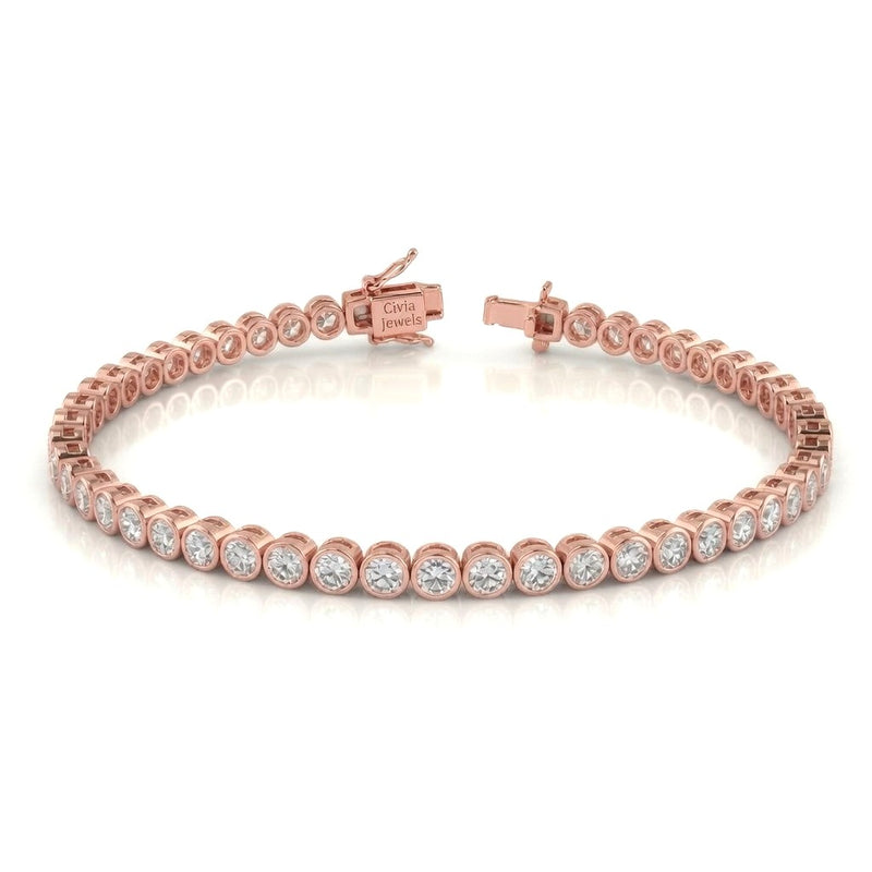 Rose Gold Velorique Diamond Tennis Bracelet With Bezel Set Round Link Design And Box Clasp Closure