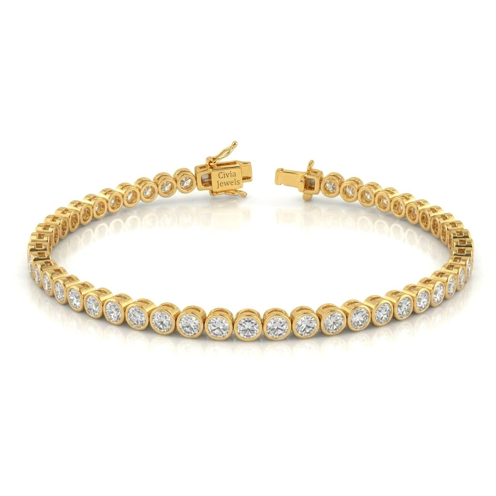 Yellow Gold Velorique Diamond Tennis Bracelet With Bezel Set Round Link Design And Box Clasp Closure