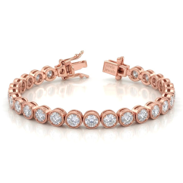 Rose Gold Orlencia Diamond Tennis Bracelet With Milgrain Bezel Link Design And Box Clasp Closure