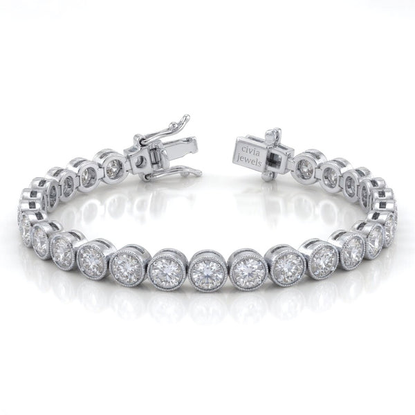 White Gold Orlencia Diamond Tennis Bracelet With Milgrain Bezel Link Design And Box Clasp Closure