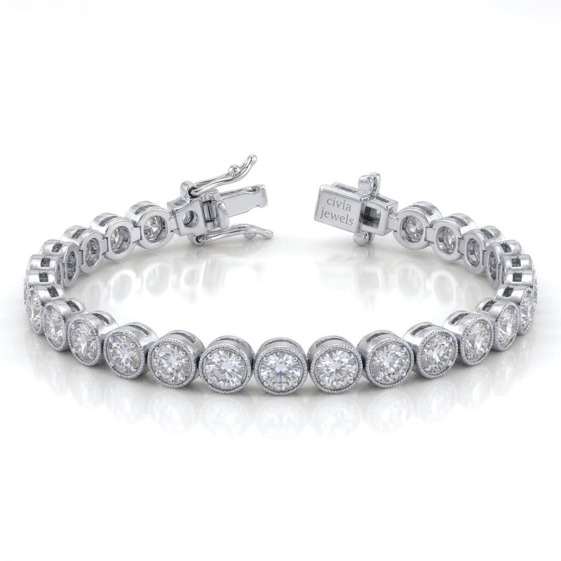 White Gold Orlencia Diamond Tennis Bracelet With Milgrain Bezel Link Design And Box Clasp Closure