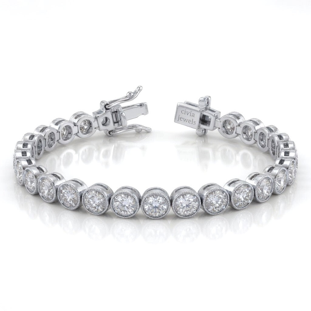 White Gold Orlencia Diamond Tennis Bracelet With Milgrain Bezel Link Design And Box Clasp Closure