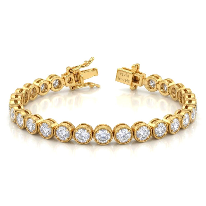 Yellow Gold Orlencia Diamond Tennis Bracelet With Milgrain Bezel Link Design And Box Clasp Closure