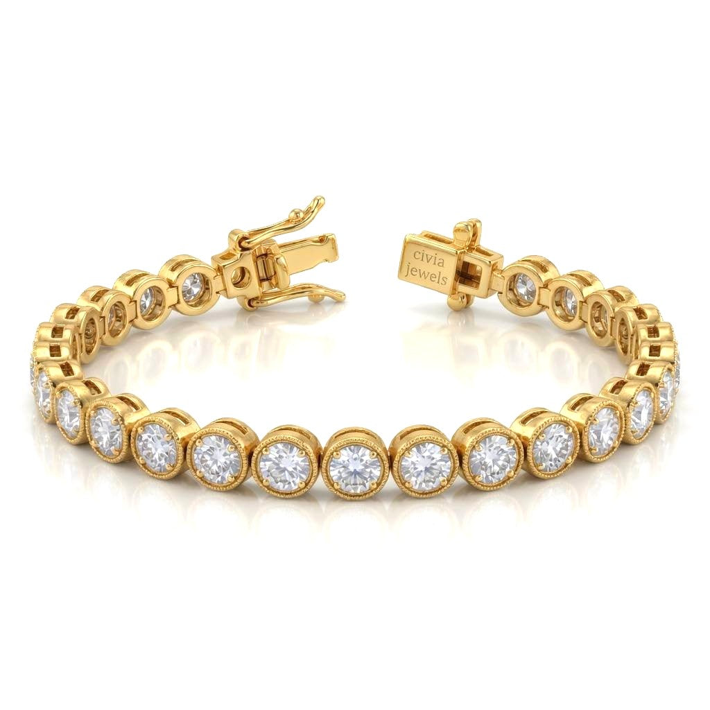 Yellow Gold Orlencia Diamond Tennis Bracelet With Milgrain Bezel Link Design And Box Clasp Closure
