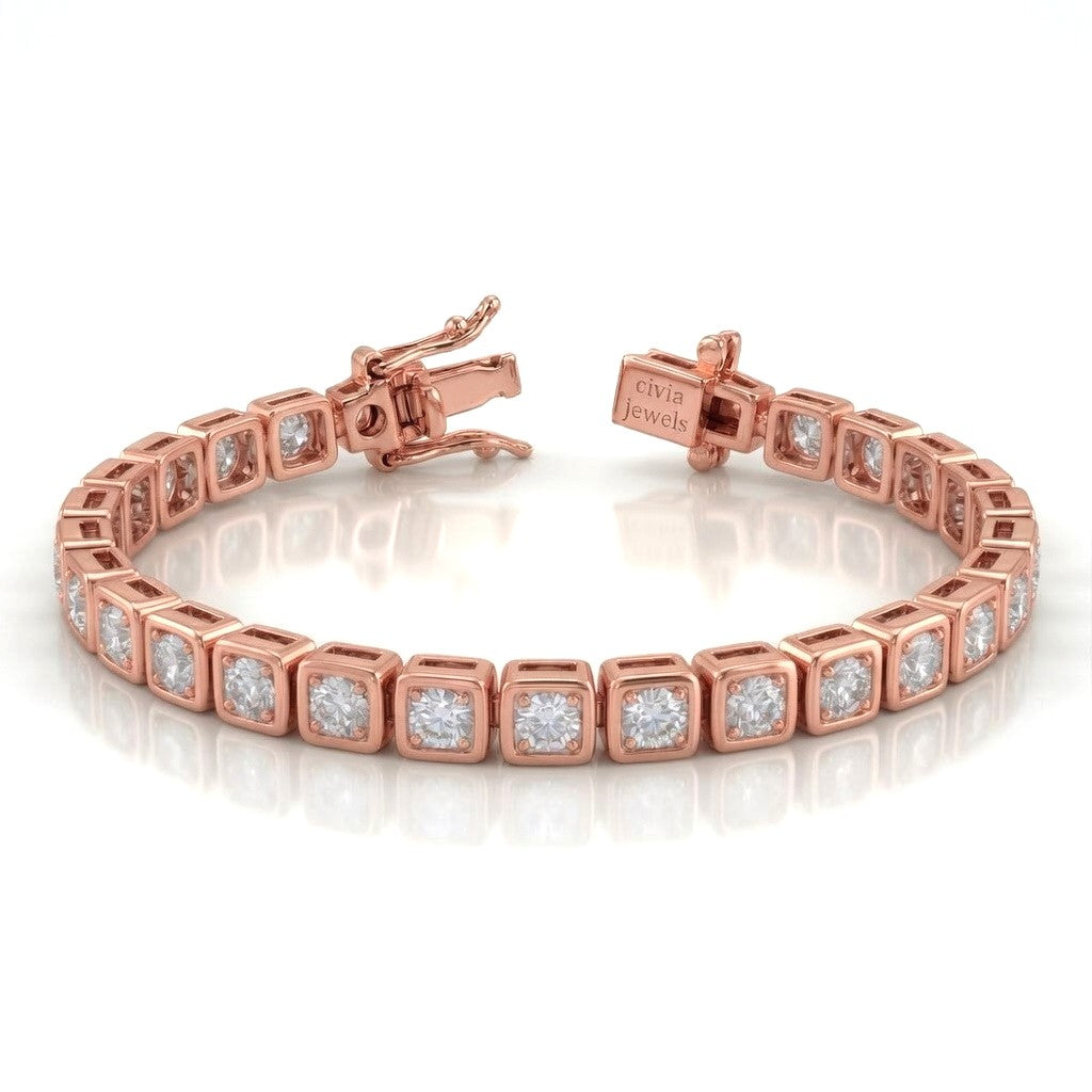 Rose Gold Veltrona Diamond Tennis Bracelet With Square Bezel Link Design And Box Clasp Closure