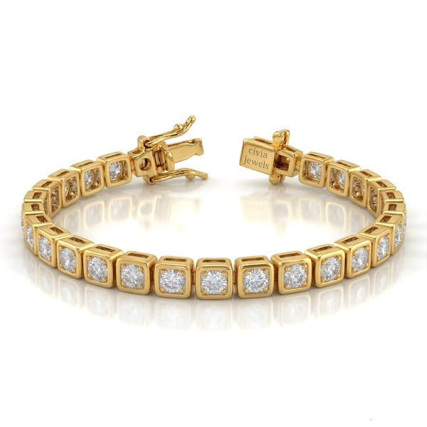 Yellow Gold Veltrona Diamond Tennis Bracelet With Square Bezel Link Design And Box Clasp Closure