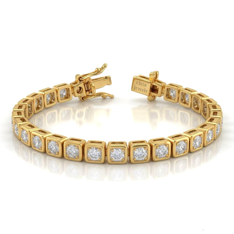 Yellow Gold Veltrona Diamond Tennis Bracelet With Square Bezel Link Design And Box Clasp Closure