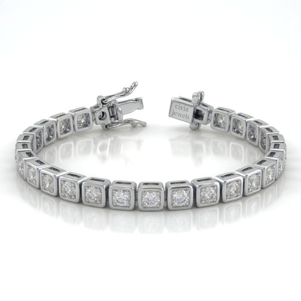 White Gold Veltrona Diamond Tennis Bracelet With Square Bezel Link Design And Box Clasp Closure