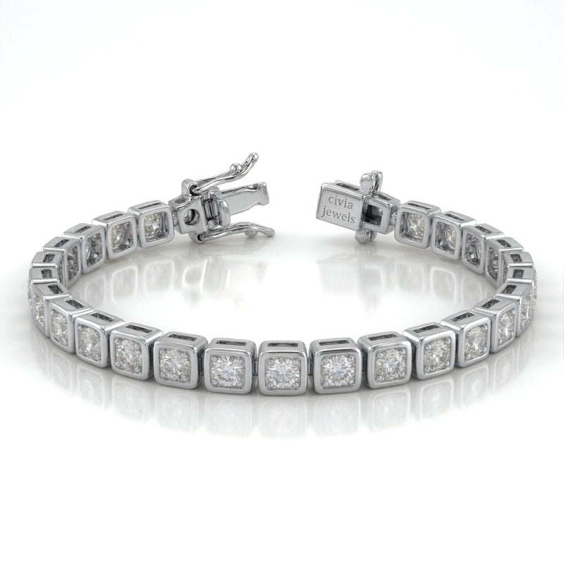 White Gold Veltrona Diamond Tennis Bracelet With Square Bezel Link Design And Box Clasp Closure