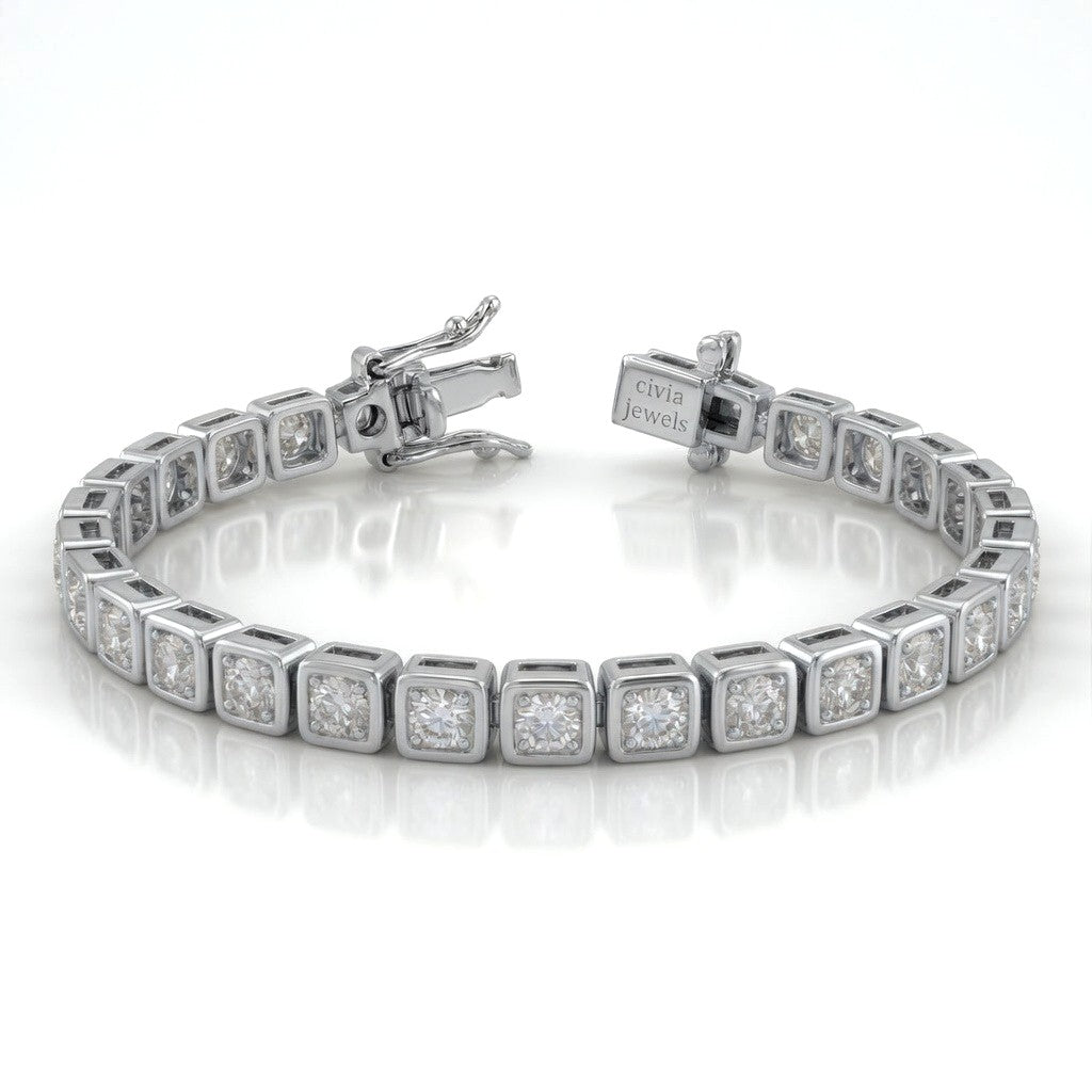 White Gold Veltrona Diamond Tennis Bracelet With Square Bezel Link Design And Box Clasp Closure