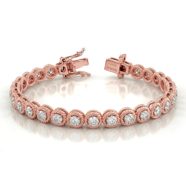 Rose Gold Auralisse Diamond Tennis Bracelet With Rope Halo Link Design And Box Clasp Closure