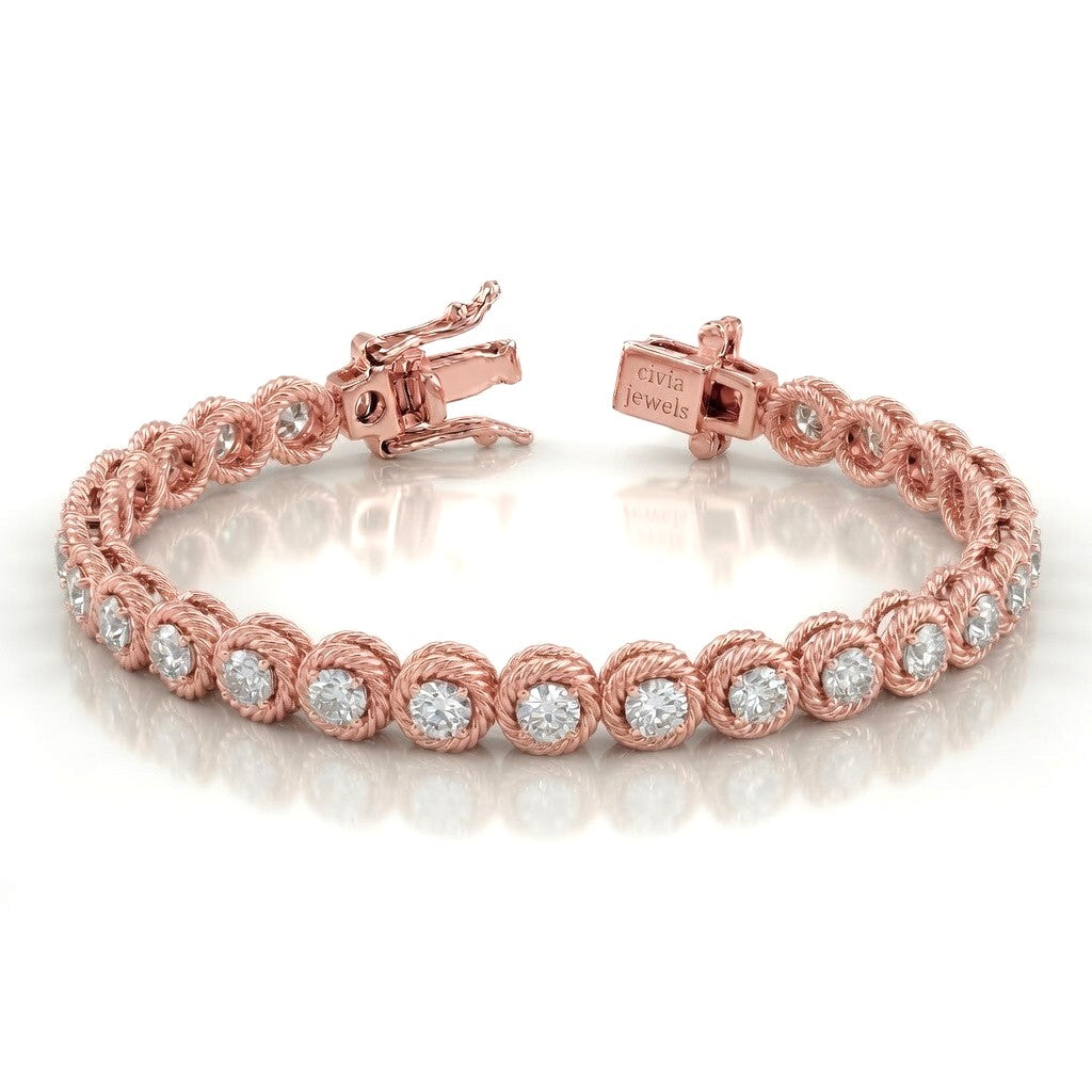 Rose Gold Auralisse Diamond Tennis Bracelet With Rope Halo Link Design And Box Clasp Closure