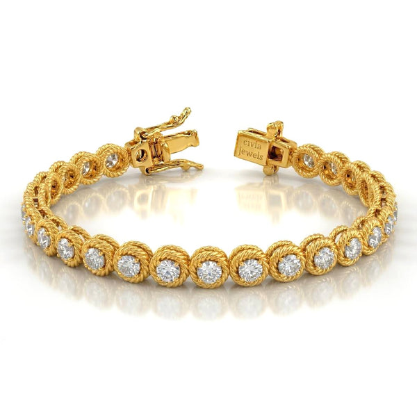 Yellow Gold Auralisse Diamond Tennis Bracelet With Rope Halo Link Design And Box Clasp Closure