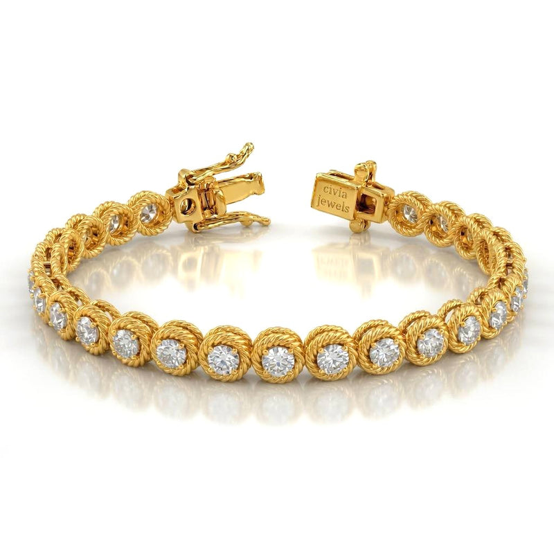 Yellow Gold Auralisse Diamond Tennis Bracelet With Rope Halo Link Design And Box Clasp Closure