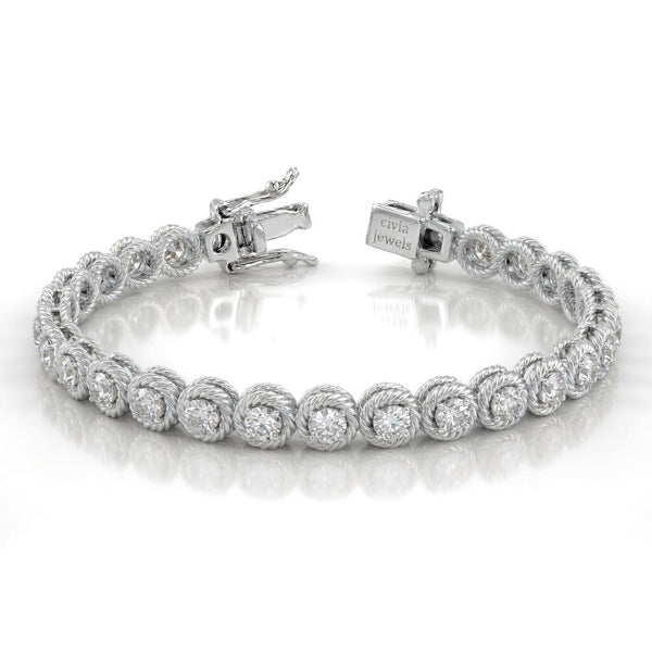 White Gold Auralisse Diamond Tennis Bracelet With Rope Halo Link Design And Box Clasp Closure