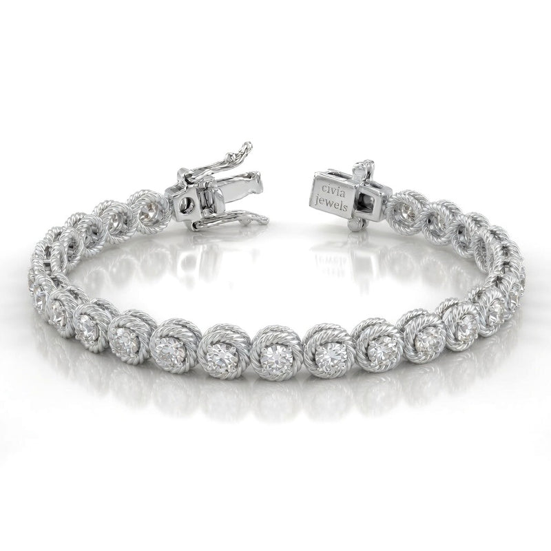 White Gold Auralisse Diamond Tennis Bracelet With Rope Halo Link Design And Box Clasp Closure