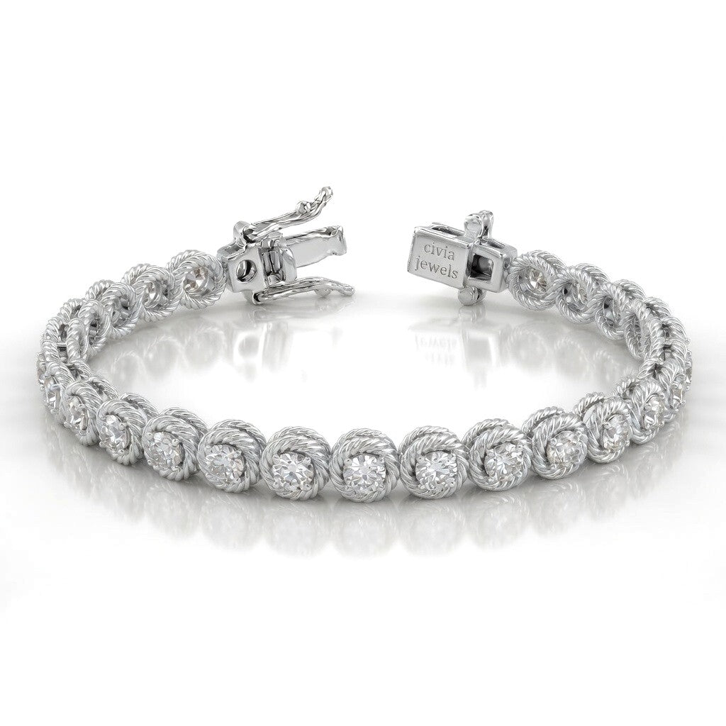 White Gold Auralisse Diamond Tennis Bracelet With Rope Halo Link Design And Box Clasp Closure