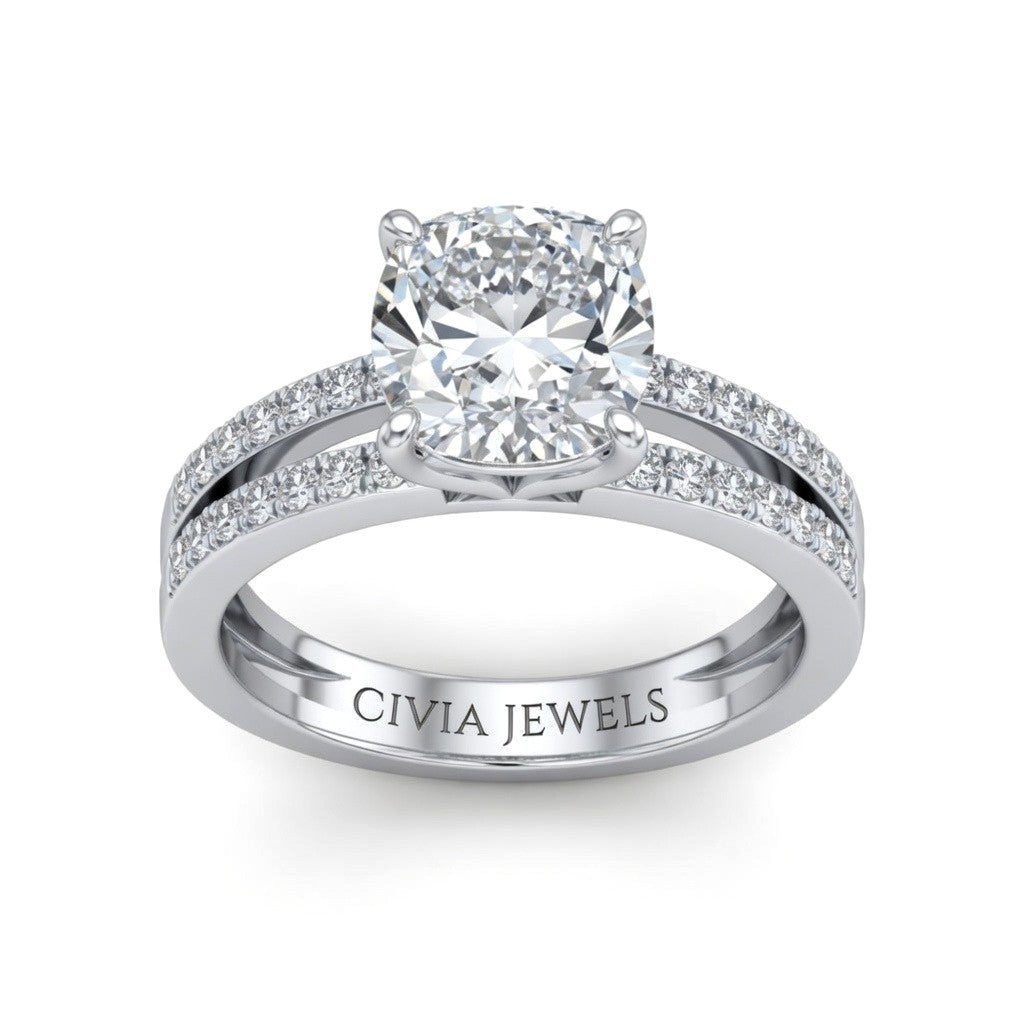 White Gold Cushion Cut Double Row Pavé Split Band Engagement Ring With Classic Four Prong Solitaire Setting