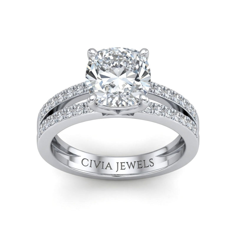 Silver Cushion Cut Double Row Pavé Split Band Engagement Ring With Classic Four Prong Solitaire Setting