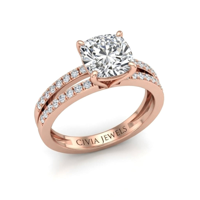 Rose Gold Cushion Cut Double Row Pavé Split Band Engagement Ring With Classic Four Prong Solitaire Setting