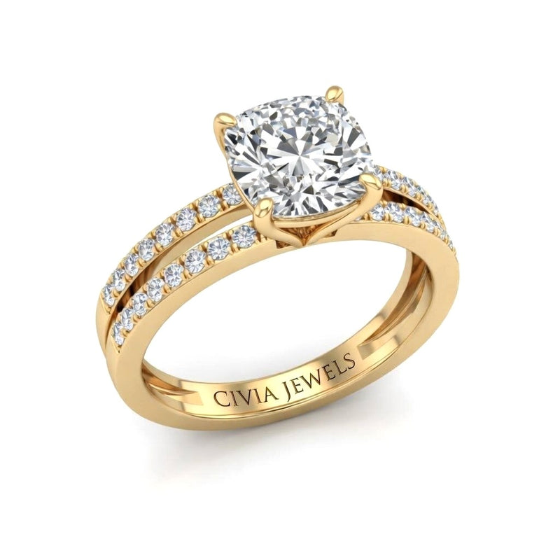 Yellow Gold Cushion Cut Double Row Pavé Split Band Engagement Ring With Classic Four Prong Solitaire Setting