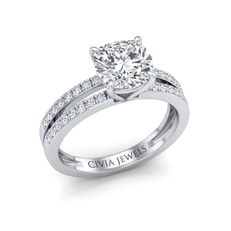 White Gold Cushion Cut Double Row Pavé Split Band Engagement Ring With Classic Four Prong Solitaire Setting