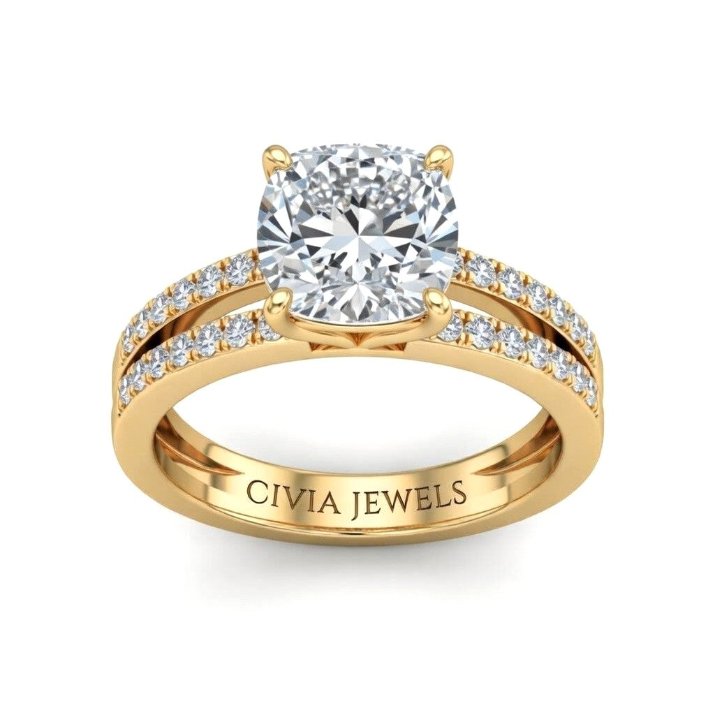 Yellow Gold Cushion Cut Double Row Pavé Split Band Engagement Ring With Classic Four Prong Solitaire Setting