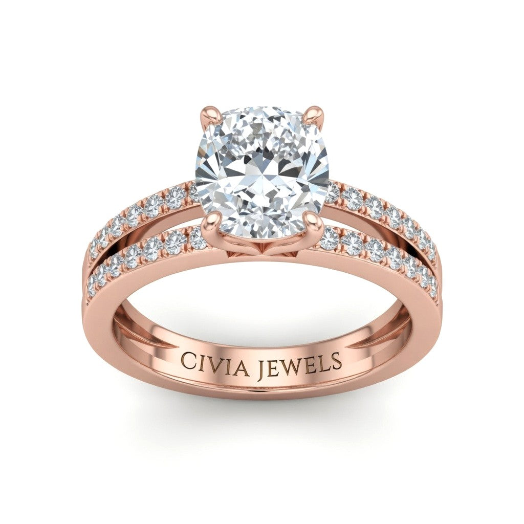 Rose Gold Cushion Cut Double Row Pavé Split Band Engagement Ring With Classic Four Prong Solitaire Setting