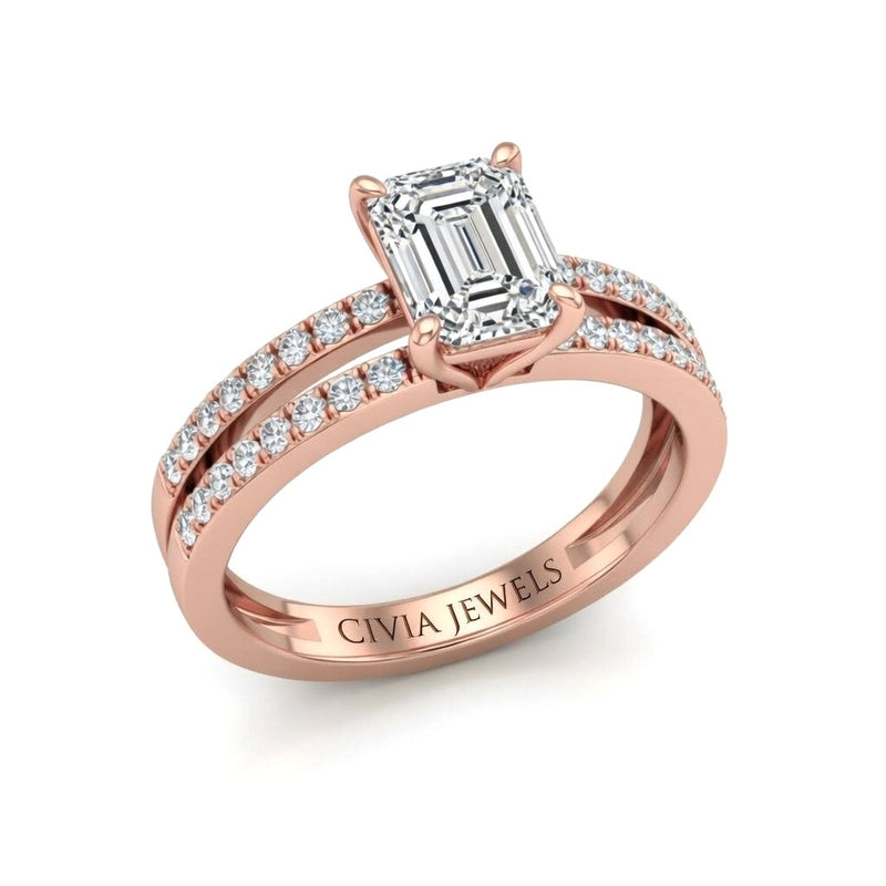Rose Gold Emerald Cut Double Row Pavé Split Band Engagement Ring With Classic Four Prong Solitaire Setting
