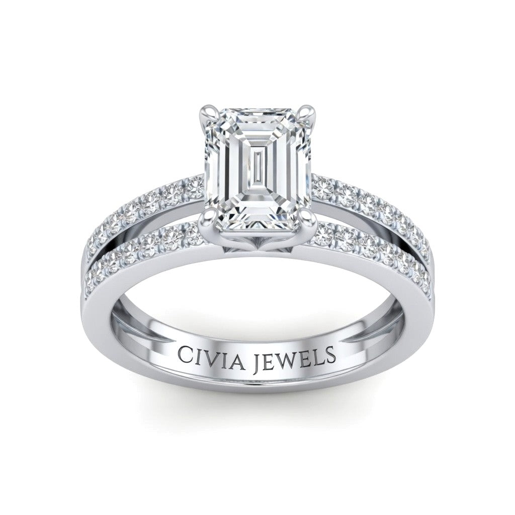 White Gold Emerald Cut Double Row Pavé Split Band Engagement Ring With Classic Four Prong Solitaire Setting