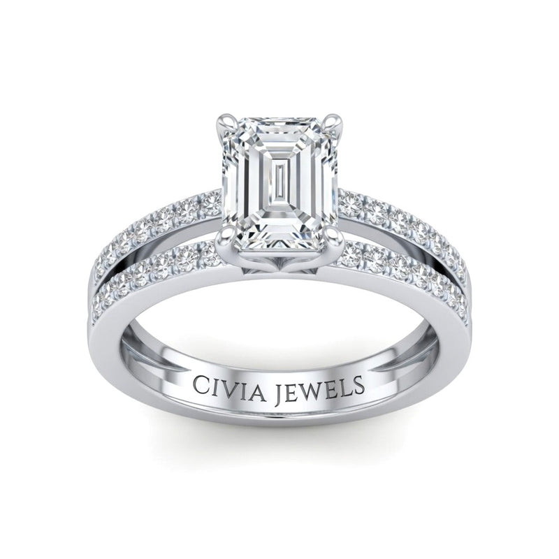 Silver Emerald Cut Double Row Pavé Split Band Engagement Ring With Classic Four Prong Solitaire Setting