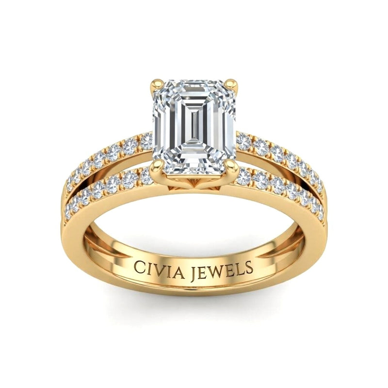 Yellow Gold Emerald Cut Double Row Pavé Split Band Engagement Ring With Classic Four Prong Solitaire Setting