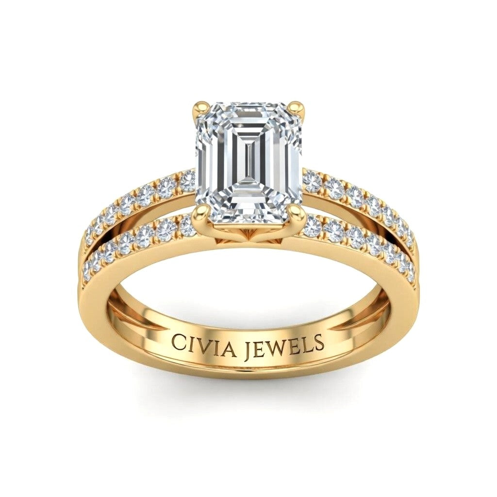 Yellow Gold Emerald Cut Double Row Pavé Split Band Engagement Ring With Classic Four Prong Solitaire Setting