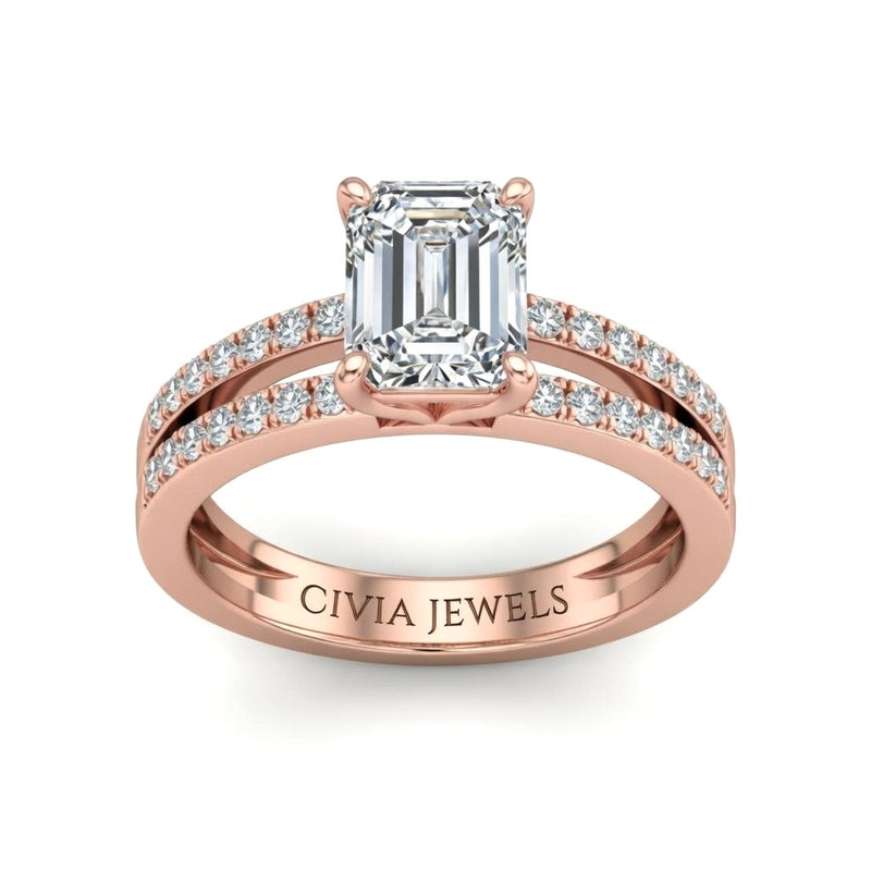 Rose Gold Emerald Cut Double Row Pavé Split Band Engagement Ring With Classic Four Prong Solitaire Setting