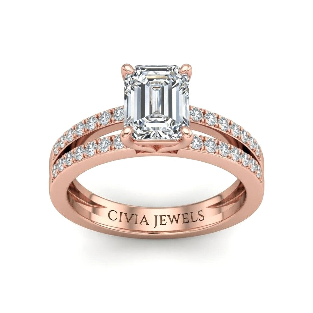 Rose Gold Emerald Cut Double Row Pavé Split Band Engagement Ring With Classic Four Prong Solitaire Setting