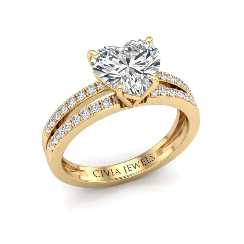 Yellow Gold Heart Cut Double Row Pavé Split Band Engagement Ring With Classic Four Prong Solitaire Setting