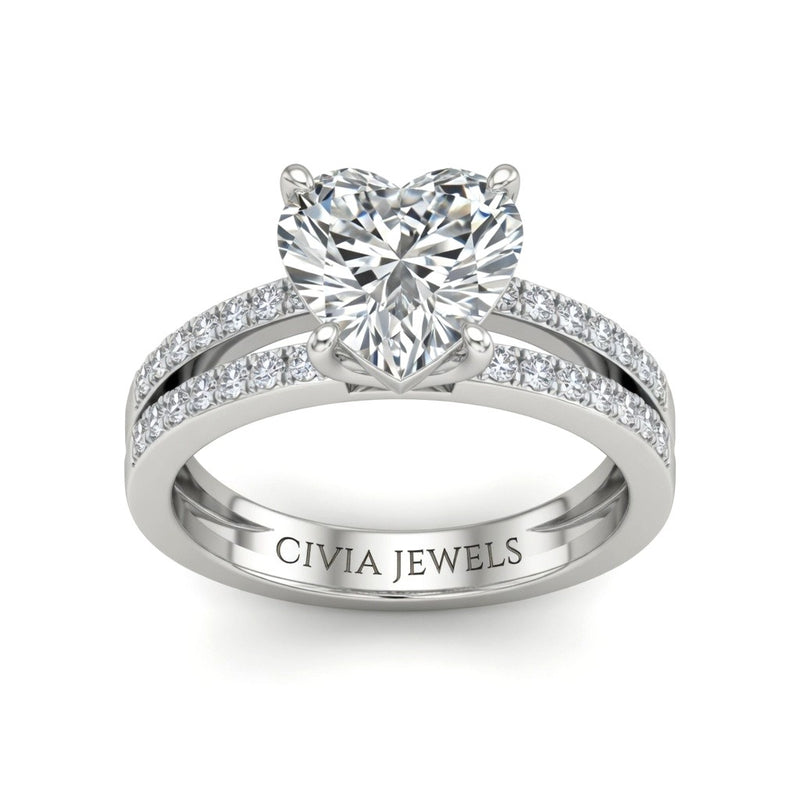 Silver Heart Cut Double Row Pavé Split Band Engagement Ring With Classic Four Prong Solitaire Setting