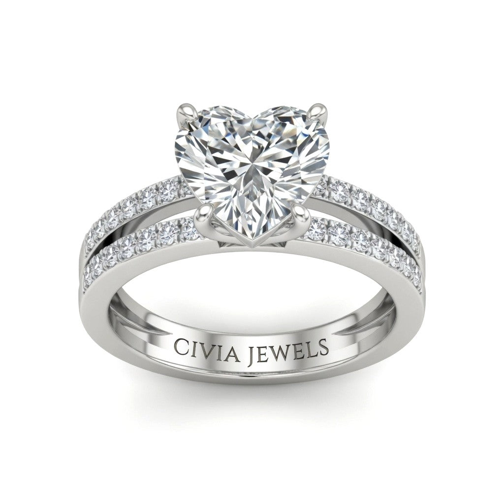 Silver Heart Cut Double Row Pavé Split Band Engagement Ring With Classic Four Prong Solitaire Setting