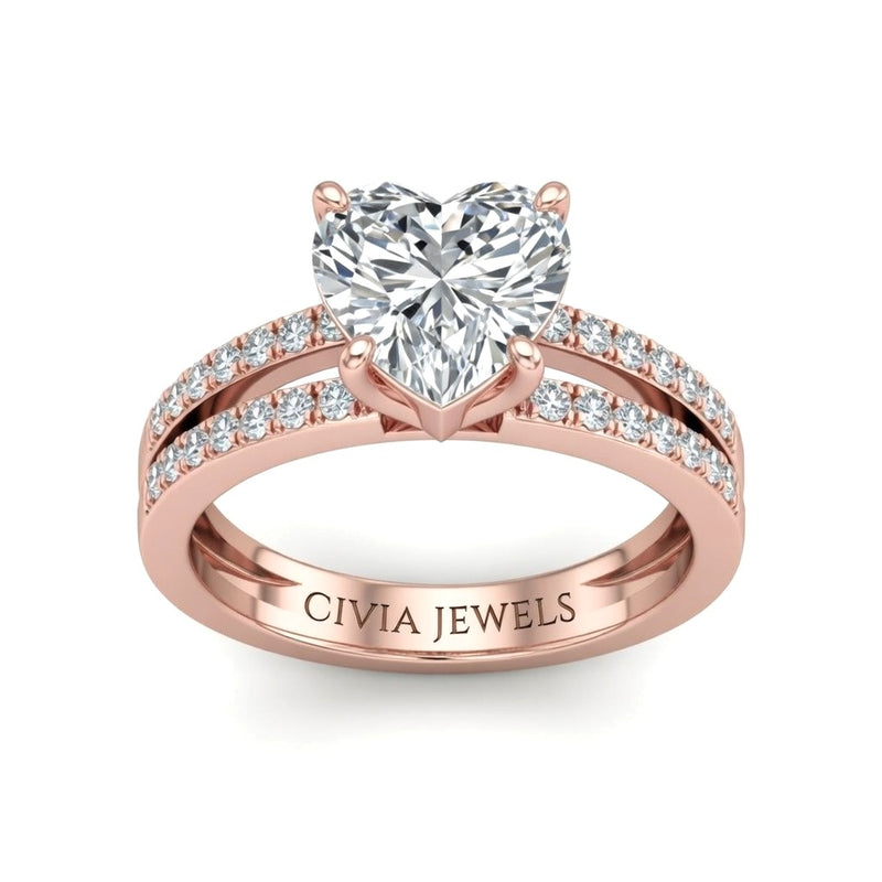 Rose Gold Heart Cut Double Row Pavé Split Band Engagement Ring With Classic Four Prong Solitaire Setting