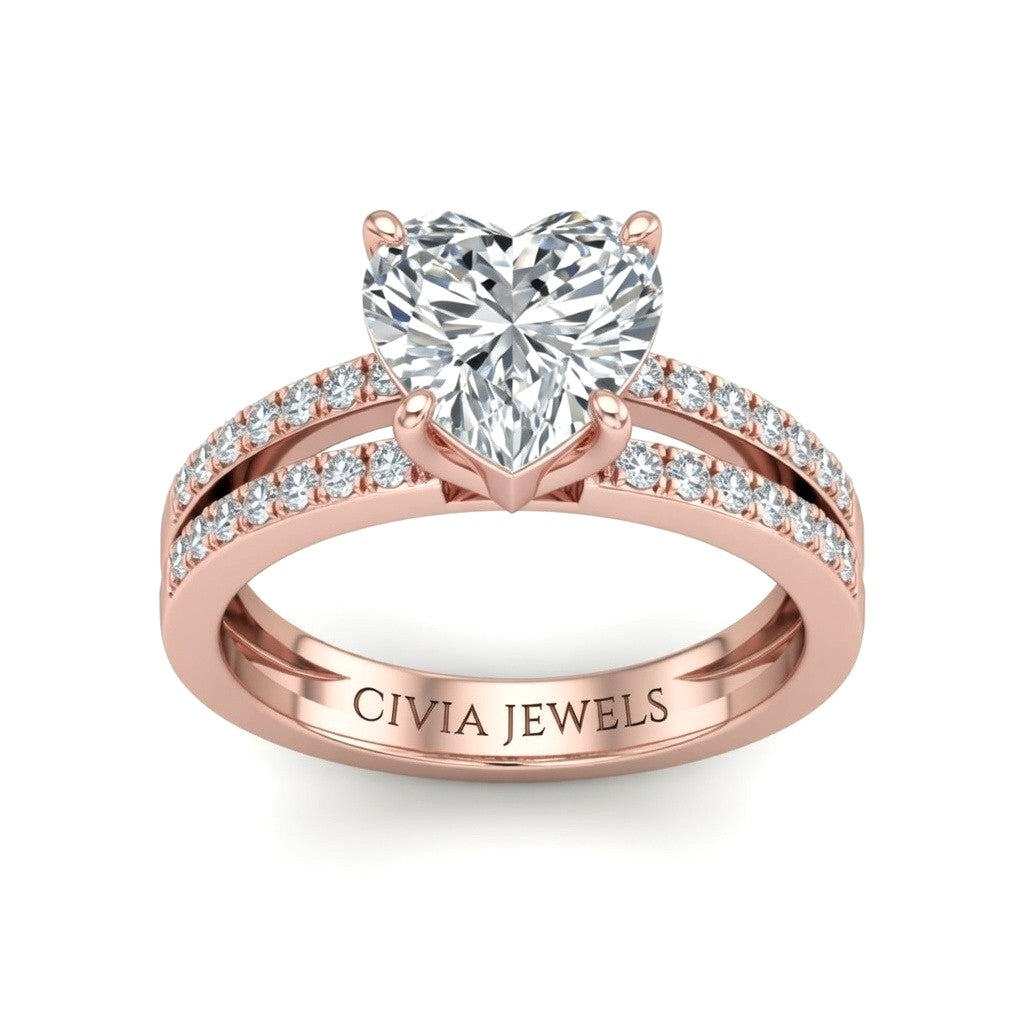 Rose Gold Heart Cut Double Row Pavé Split Band Engagement Ring With Classic Four Prong Solitaire Setting