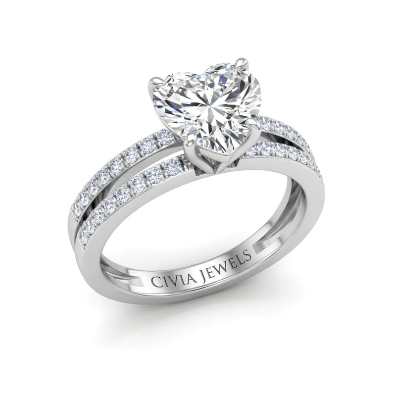 White Gold Heart Cut Double Row Pavé Split Band Engagement Ring With Classic Four Prong Solitaire Setting