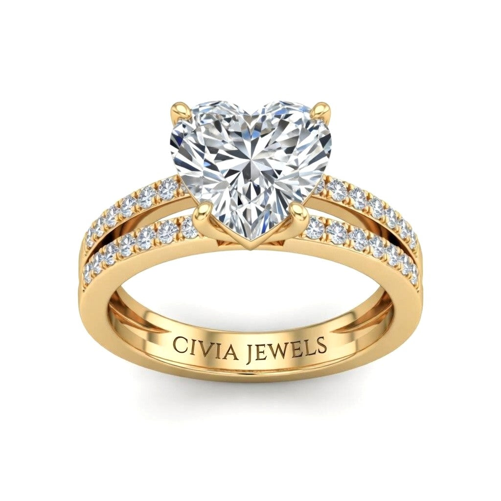 Yellow Gold Heart Cut Double Row Pavé Split Band Engagement Ring With Classic Four Prong Solitaire Setting