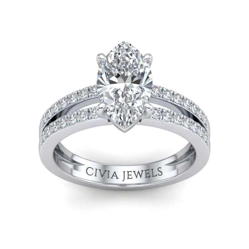 White Gold Marquise Cut Double Row Pavé Split Band Engagement Ring With Classic Four Prong Solitaire Setting