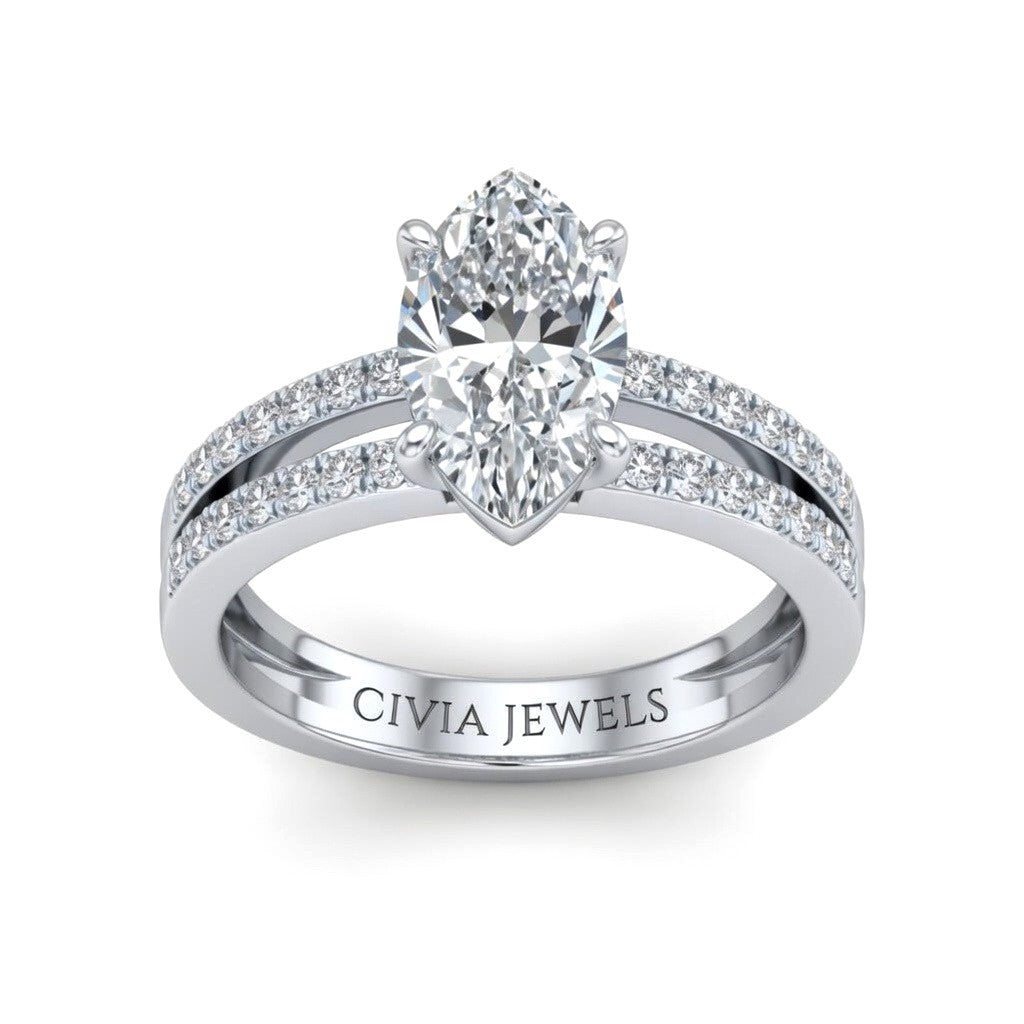 White Gold Marquise Cut Double Row Pavé Split Band Engagement Ring With Classic Four Prong Solitaire Setting