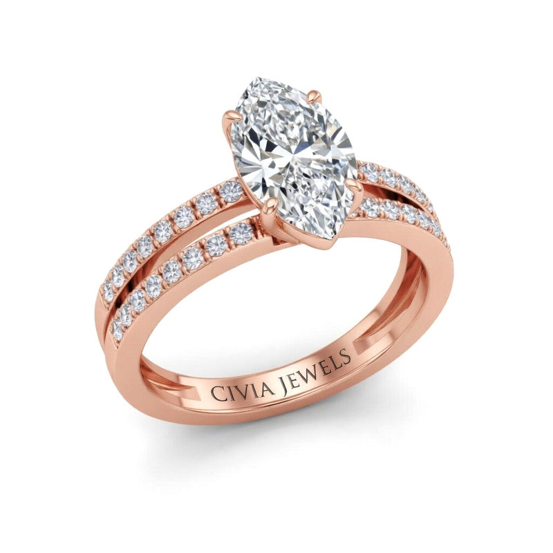 Rose Gold Marquise Cut Double Row Pavé Split Band Engagement Ring With Classic Four Prong Solitaire Setting