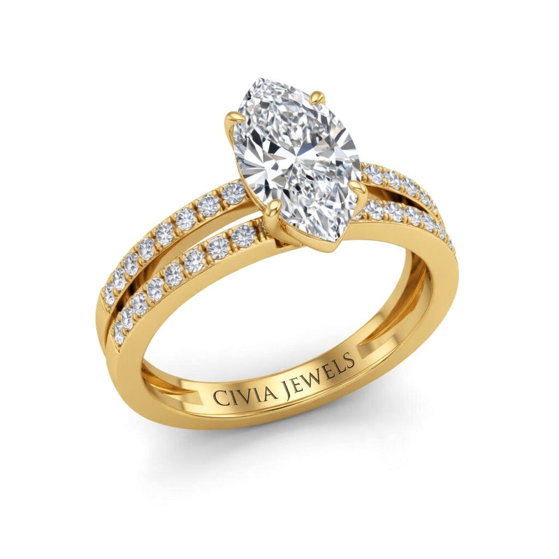 Yellow Gold Marquise Cut Double Row Pavé Split Band Engagement Ring With Classic Four Prong Solitaire Setting
