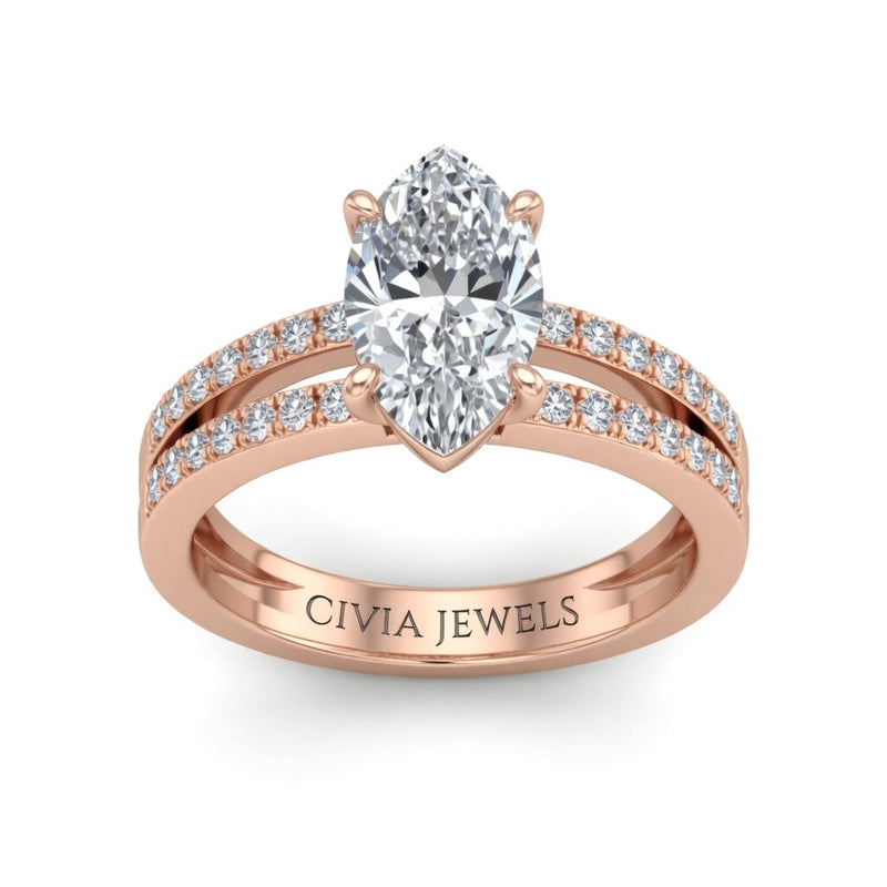 Rose Gold Marquise Cut Double Row Pavé Split Band Engagement Ring With Classic Four Prong Solitaire Setting