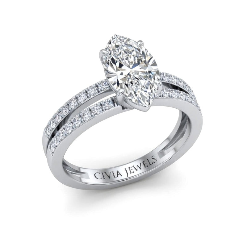 Silver Marquise Cut Double Row Pavé Split Band Engagement Ring With Classic Four Prong Solitaire Setting